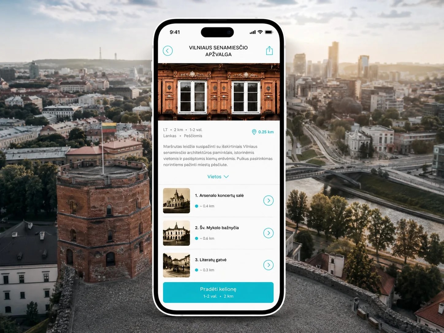 Turizmo programėlės sąsaja: audiogidas, žemėlapis ir vietove grįstas turinys