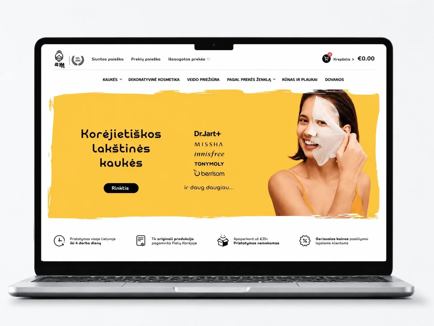 Maskshop.lt el. parduotuvės ekranai: katalogas, prekės puslapis ir krepšelis